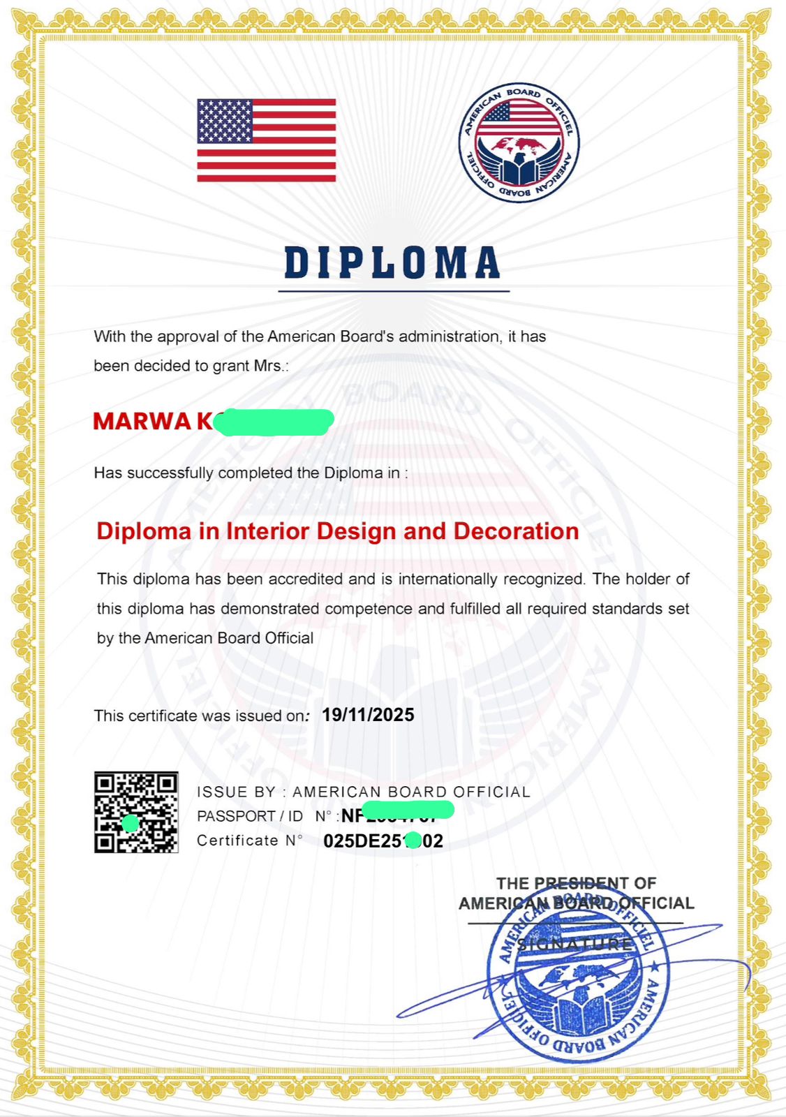 نمودج دبلوم البورد الامريكي